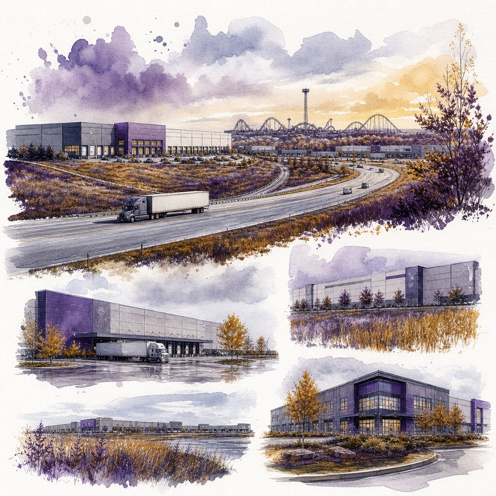 Watercolor illustration of industrial and distribution buildings at sunset in Altoona