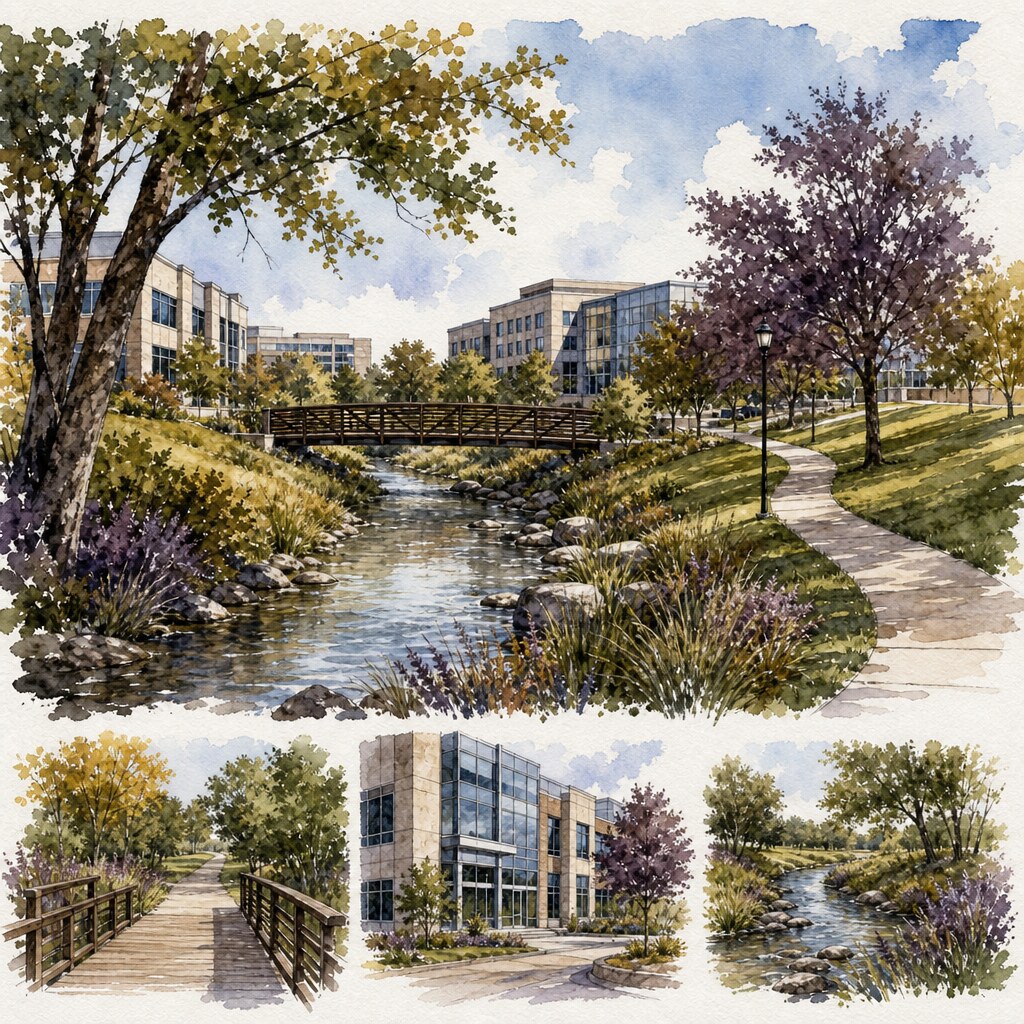 Watercolor illustration of a commercial office park along a paved trail in Clive at sunset