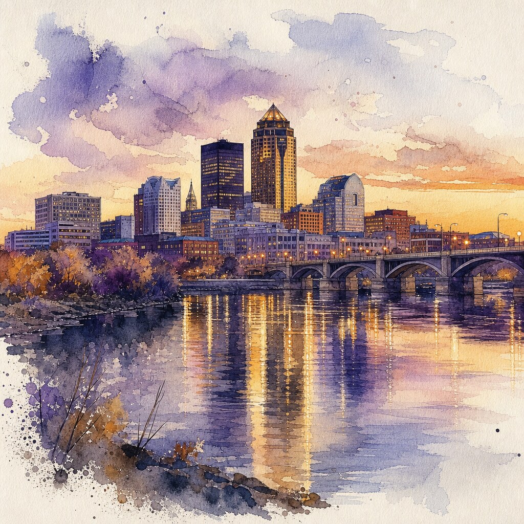 Watercolor illustration of the Des Moines skyline at sunset across the river