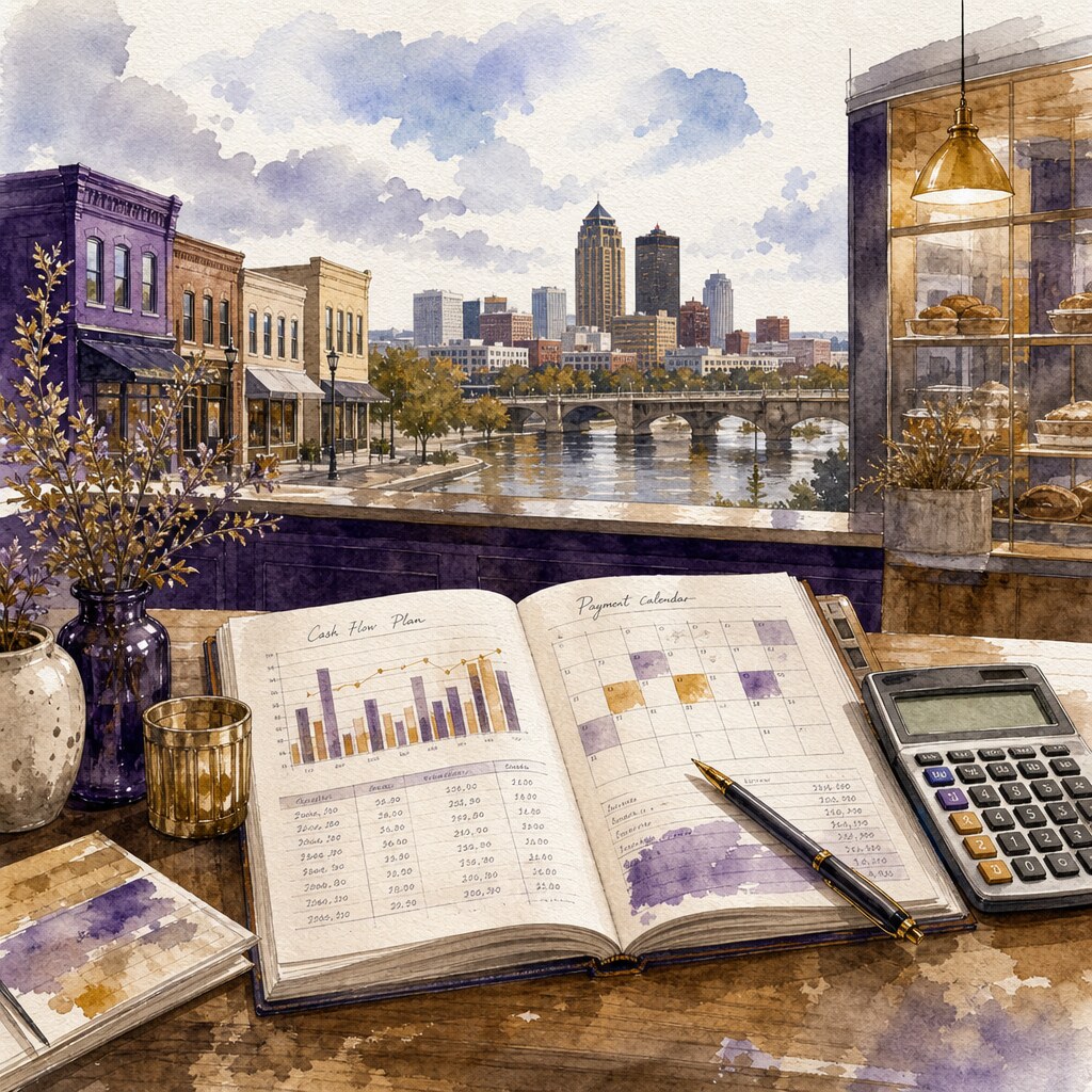 Watercolor illustration of a local retail storefront with digital payment terminals and purple accent lighting