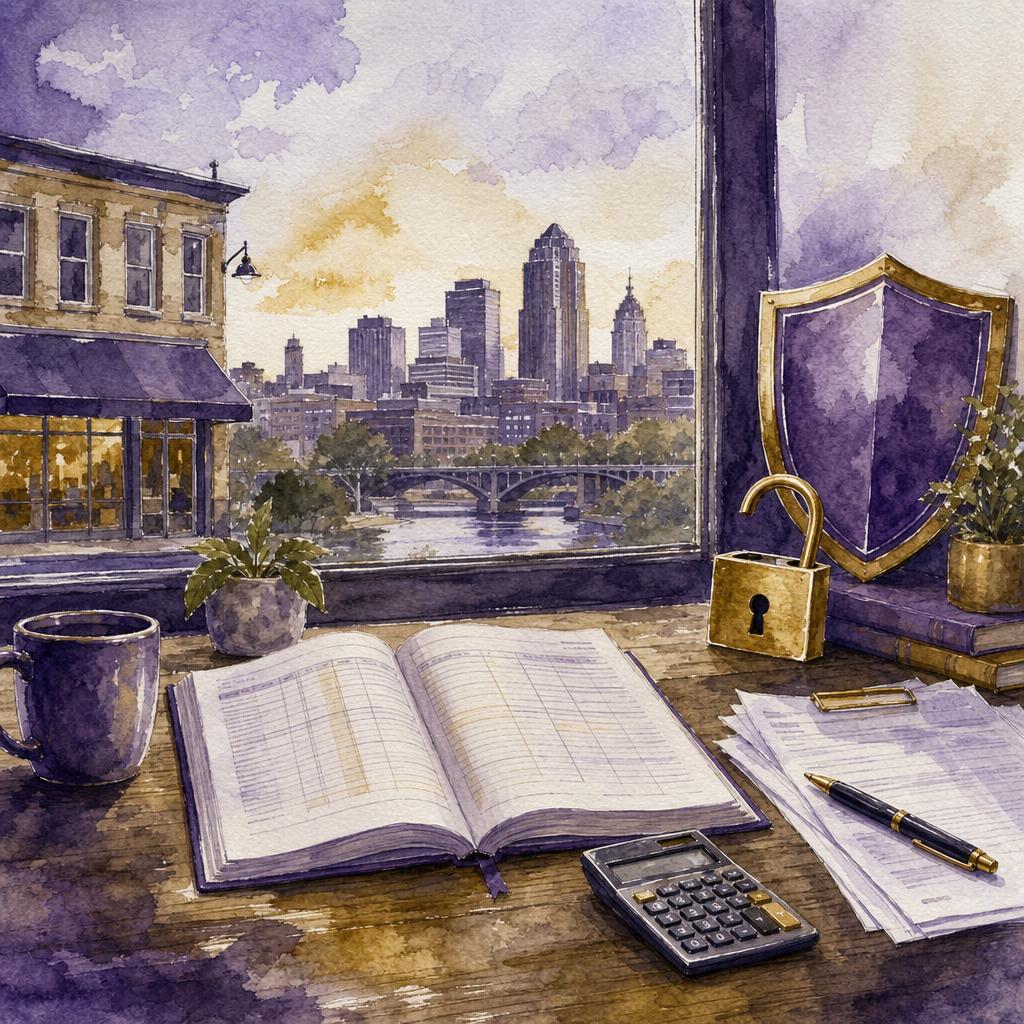 Watercolor illustration of a Des Moines business planning desk with financial documents, calculator, shield, and unlocked padlock motifs in purple and gold