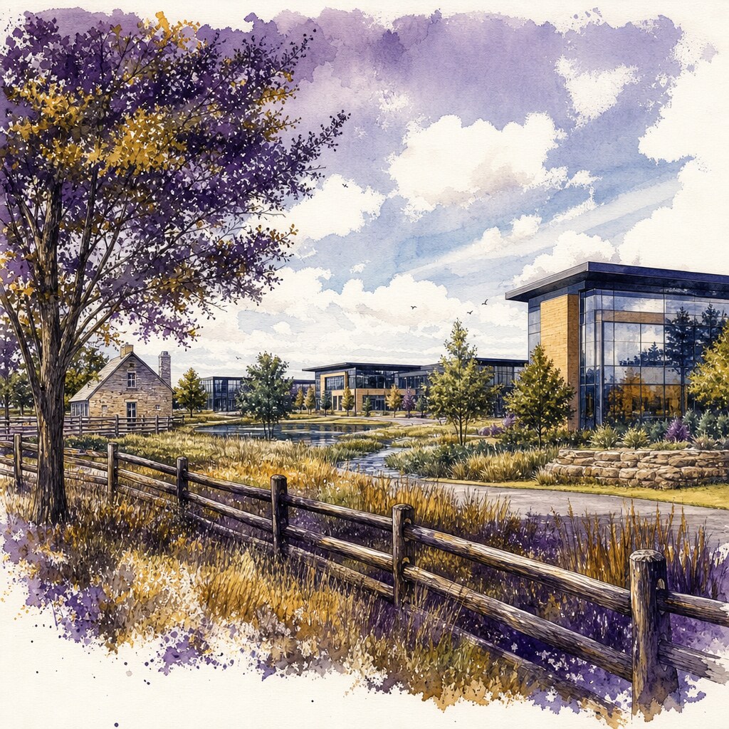Watercolor illustration of a commercial office road lined with trees near sunset in Urbandale