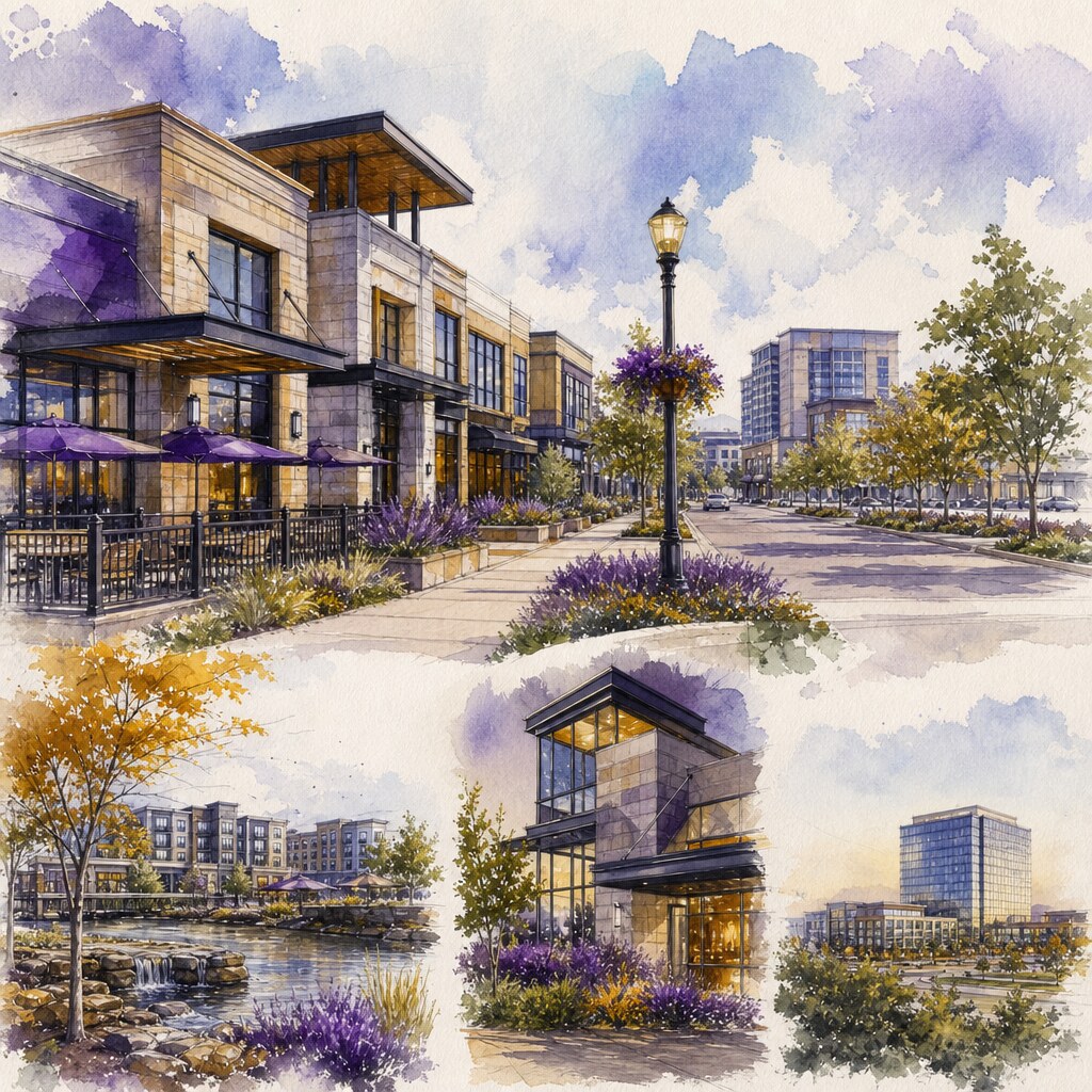 Watercolor illustration of a commercial office park at sunset in West Des Moines with prairie grass landscaping